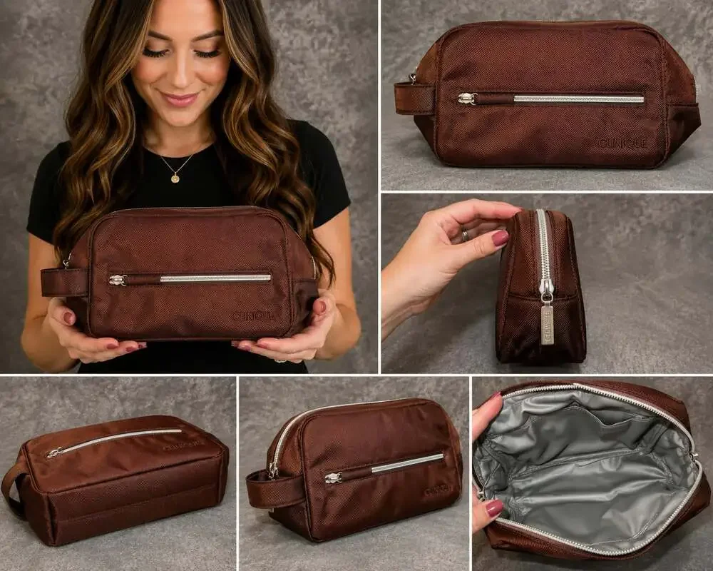 Clinique Brown Nylon Toiletry Travel Pouch with Zipper and Side Handle
